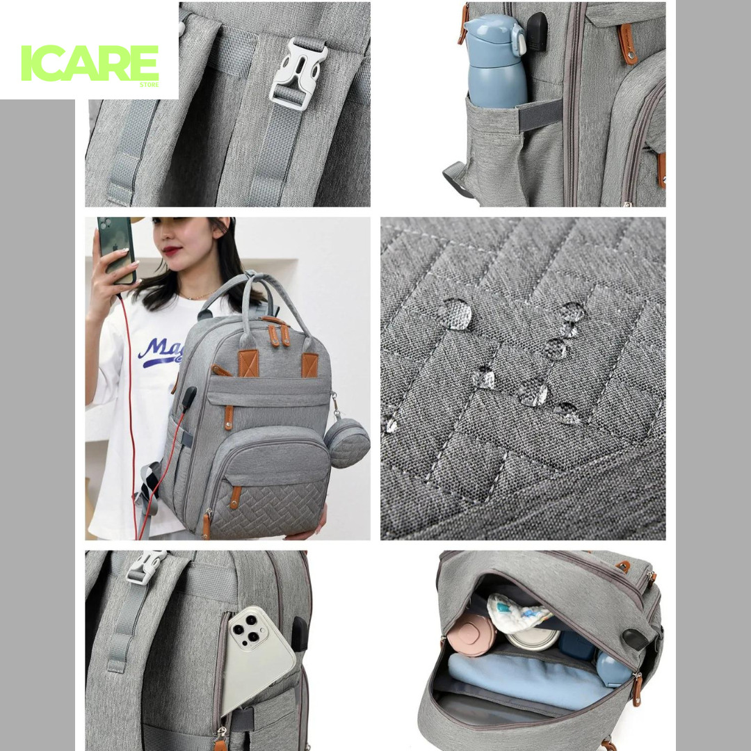 Mochila Pañalera con Mudador GRIS UNISEX + envio gratis