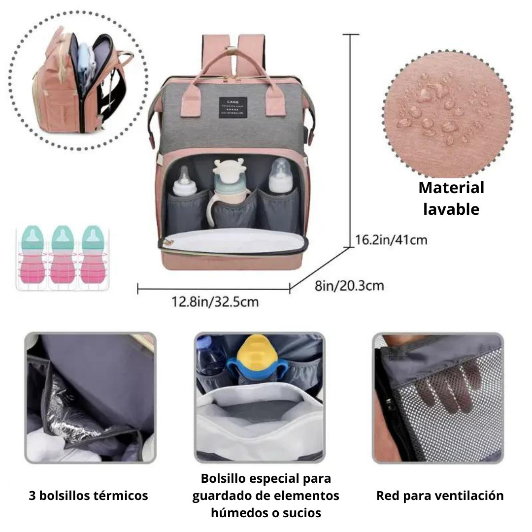 Mochila Pañalera con Mudador GRIS UNISEX + envio gratis